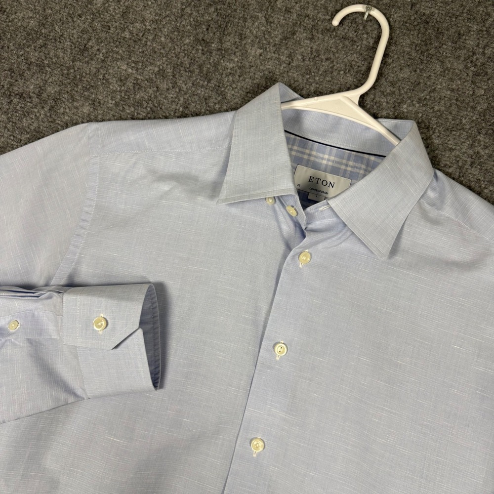 Eton Contemporary Fit Dress Shirt Mens 16.5 L Blue Cotton Linen Poplin Solid